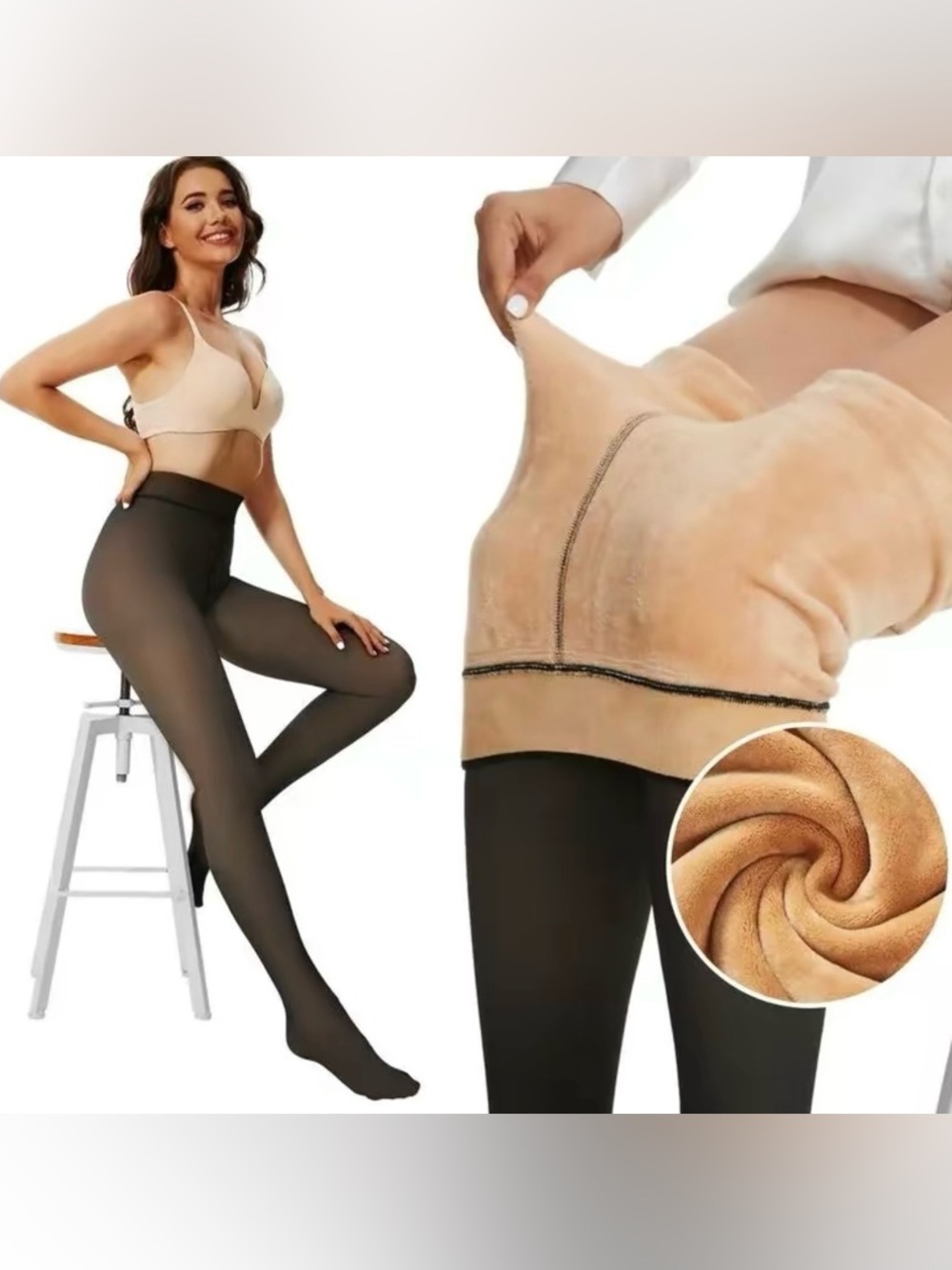 2 Pair Black Fleece Lined Tights - Cozy For Winter
